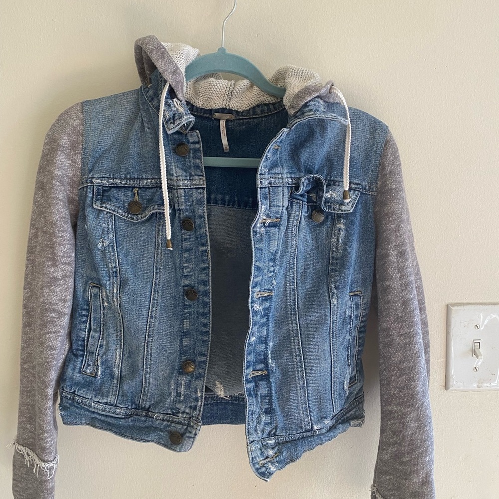 Free People Blue Denim Jacket with gray Knit Hood